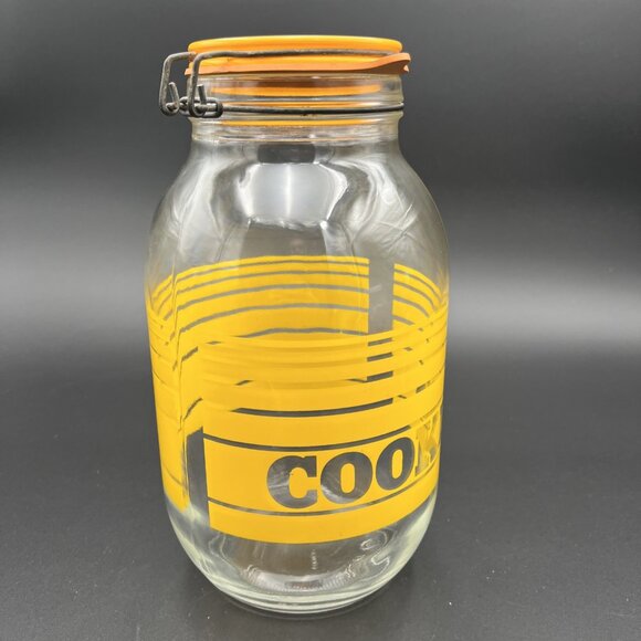 Large Vintage Retro 3L Glass Cookie Jar Yellow Striped France 1970s VG to EUC - Picture 8 of 16